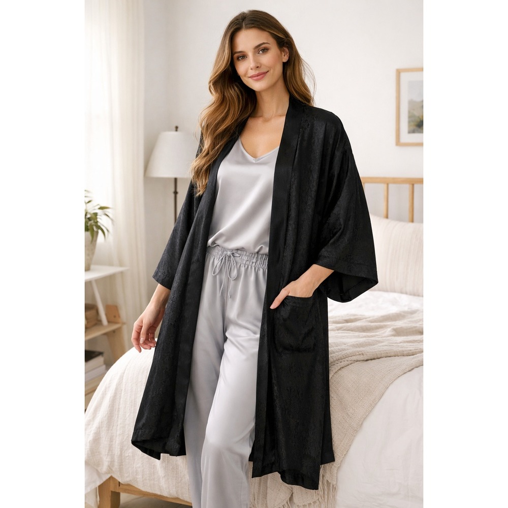 Women Silk Kimono Robe Jacket XL Black Jacquard Duster dark academia goth